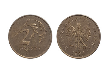 Coin 2 Grosze 1992. Coin of Poland. Coin 2 grosze 1992 Obverse and Reverse on white background. The arms of Poland in the centre, the country name above around the rim, and the date below