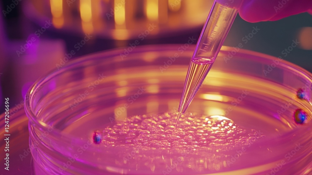Poster close up of a scientist dropping a transparent liquid with a pipette on a petri dish with a pink sub