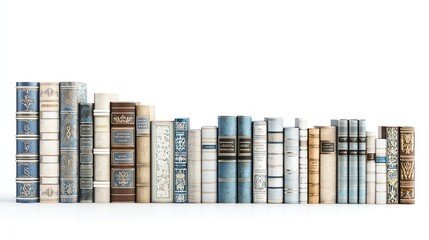 Obraz premium An array of vintage books lined up against a white isolated background, showcasing various colors and designs, perfect for adding a touch of elegance to any reading nook.