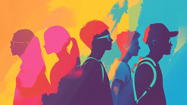 Colorful silhouettes of teenagers for an International Youth Day banner using generative AI.