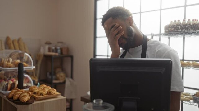 Young man working in a bakery shop looking tired and frustrated while standing at the counter.