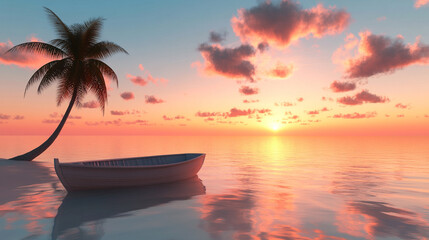 A tranquil coastal sunset with a boat drifting near majestic palm trees on a quiet beach, evoking peace and harmony in nature's beauty, with an empty space for captioning
