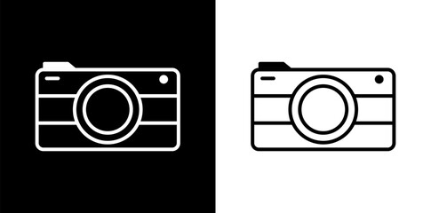 Camera icon set in black and white. Vector camera design with a round lens, perfect for logos, apps, photography branding, and digital projects.