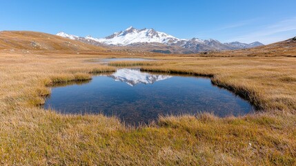Mountain lake reflection autumn landscape, travel postcard