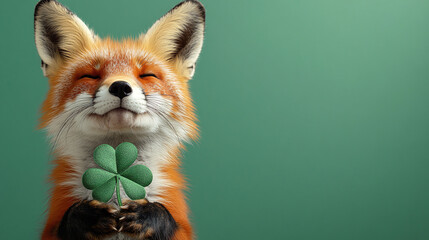 A cheerful red fox with eyes closed, holding a four-leaf clover, standing against a smooth green background, symbolizing luck and happiness