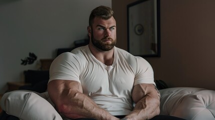 Muscular young man sitting on the couch after exercising at home