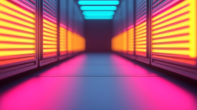 Secure Server Room with Colorful Lighting and Technology Infrastructure Interior Design