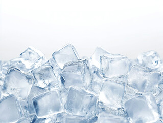 A close-up view of clear ice cubes stacked on a white background, emphasizing freshness, coldness, and purity