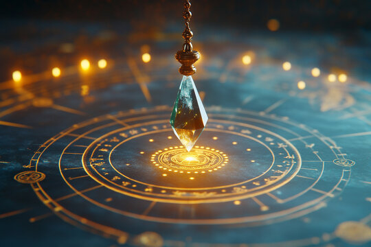 Pendulum casting light on mystical symbols in an enchanting ritual setting