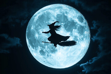Fototapeta premium Mysterious witch flying across a full moon in a starry night sky