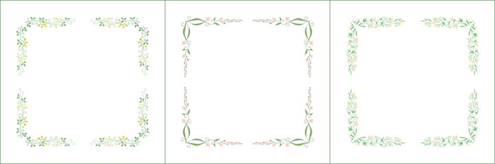 Set of three elegant green vegetal ornamental frames with yellow and pink flowers, decorative border. Isolated vector illustration. Floral frame.

