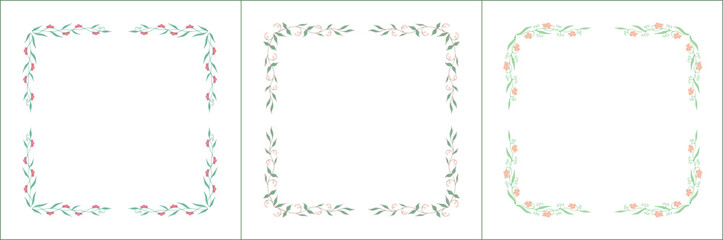 Set of three elegant green vegetal ornamental frames with small pink flowers, decorative border. Isolated vector illustration. Floral frame.
