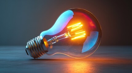 A glowing light bulb rests on a surface, showcasing its filament and reflective glass.