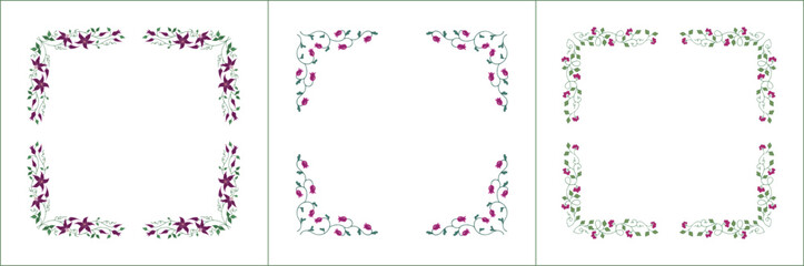 Set of three elegant green vegetal ornamental frames with purple flowers, decorative border. Isolated vector illustration. Floral frame.
