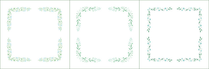 Set of three elegant green vegetal ornamental frames with small blue flowers, bluebells, decorative border. Isolated vector illustration. Floral frame.
