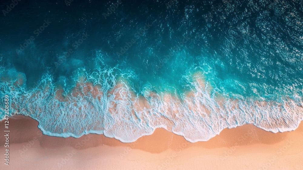 Poster crystal clear turquoise waters meet soft sand as waves roll ashore, creating a tranquil atmosphere p