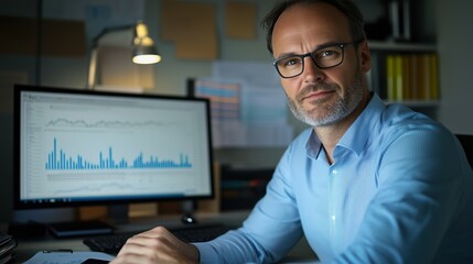 Focused Analyst: A portrait of a serious, middle-aged man with glasses, sitting at his desk in a dimly lit office, reviewing financial data on a computer screen.
