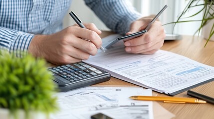 Fototapeta premium Financial Planning: Close-up shot of a person meticulously reviewing financial documents, using a calculator and pen, highlighting the detailed work involved in financial planning and budgeting. 