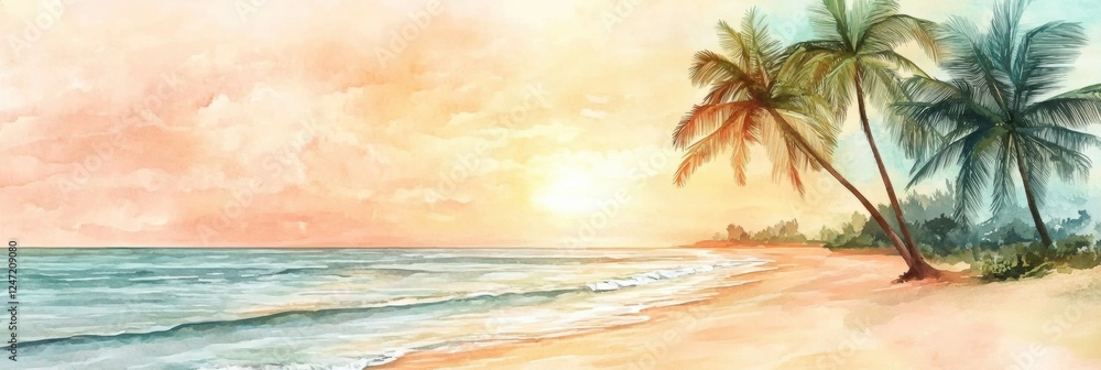 Poster sunset over a tranquil beach with palm trees and gentle waves in a watercolor illustration. generati