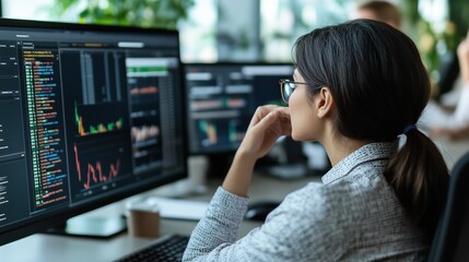 Data Analyst at Work: A focused female data analyst thoughtfully reviews complex data charts and graphs displayed on a large computer monitor, showcasing dedication and expertise in data analysis. 