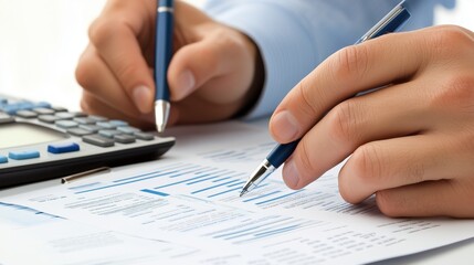 Focused on the Numbers:  A pair of hands diligently work on a financial document, a calculator, and a pen laying nearby. The scene speaks to focus, precision.