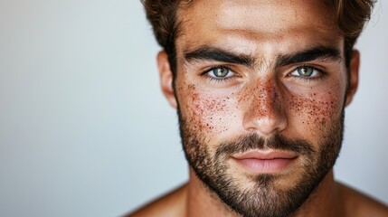 Fototapeta premium Close-up Portrait of a Man with Acne Scars and Striking Blue Eyes and Natural Skin Tone