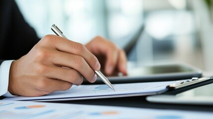 Close-up of Financial Review: A businessman's hands meticulously analyze financial data, their pen gliding across a document, reflecting dedication and focus.  