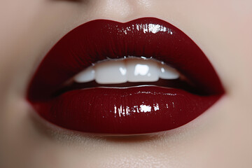 Obraz premium Closeup of parted lips showcasing a deep red gloss on a smooth, glowing surface with hints of bright white teeth