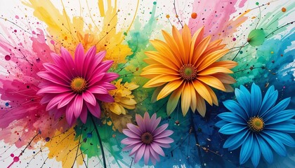 Obraz premium Vibrant watercolor painting of flowers bursting with Holi festival colors—magenta, yellow, green, and blue, symbolizing joy and energy