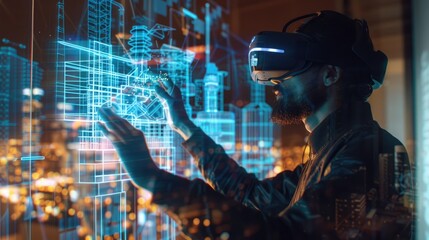 Man Wearing Virtual Reality Headset Examining Data Display