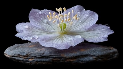 Dew-kissed flower, stone, black background, spa