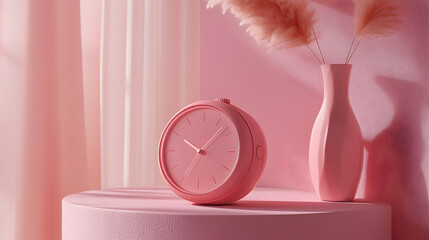 Chic Pink Alarm Clock Set Against a Soft Pastel Background-