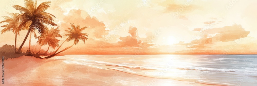Poster serene sunset over a tropical beach with palm trees and gentle waves in warm colors. generative ai
