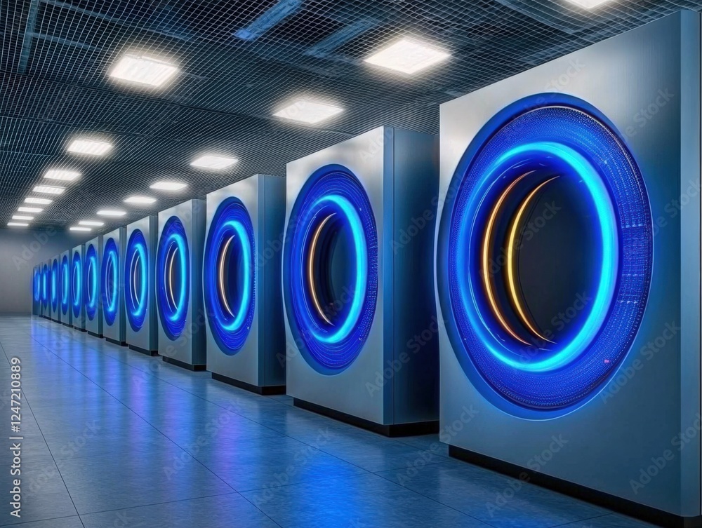 Poster high-tech data center operations modern facility digital infrastructure futuristic environment wide-