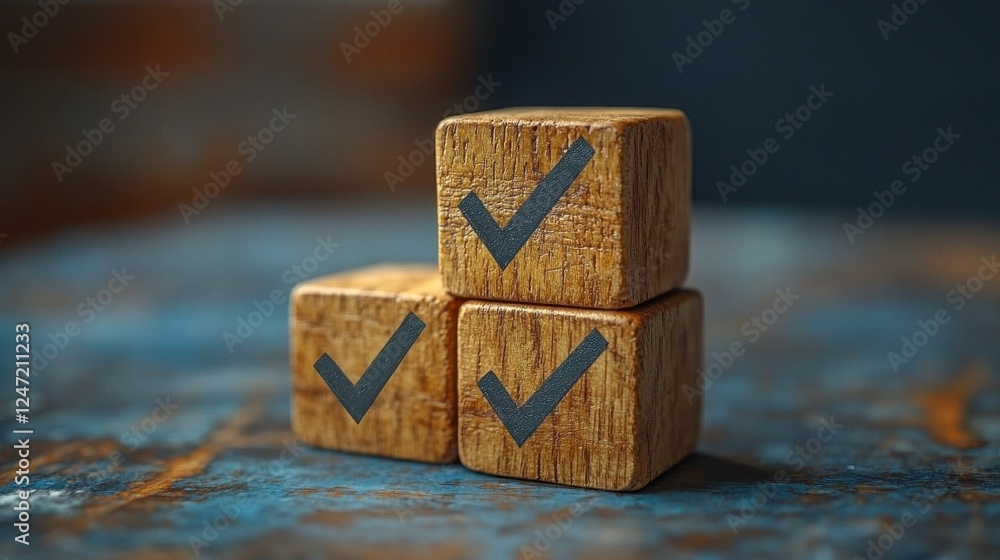 Poster three wooden blocks with check marks, symbolizing completion or approval.