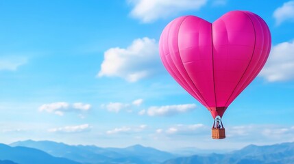 Fototapeta premium Heart shaped hot air balloon flying in blue sky - A vibrant pink hot air balloon in the shape of a heart soaring in a clear blue sky symbolizing love, freedom, adventure, joy, and beauty.