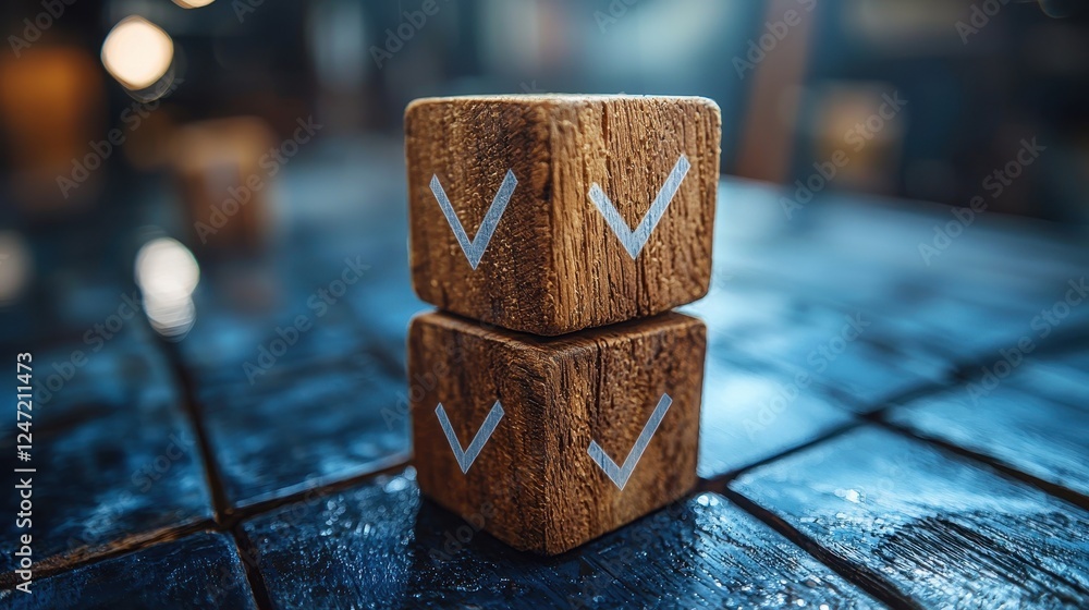 Poster two wooden blocks with check marks on a reflective surface.