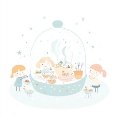 Children playfully cooking food in a fantasy kitchen setting. Child-friendly use