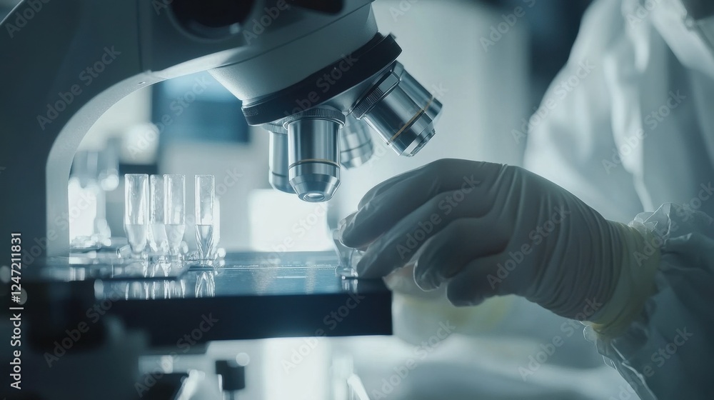 Poster scientist in a laboratory setting examines samples under a microscope, highlighting precision and at