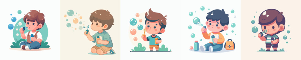 set vector little boy playing bubble toy