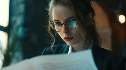 A woman reading a document intently, wearing glasses and appearing absorbed in thought while seated near a window with natural light.