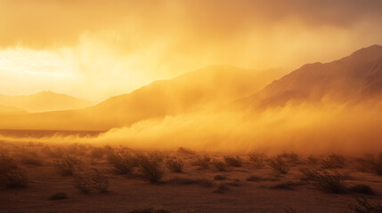 A fierce sandstorm whips through Death Valley National Park, filling the air with thick dust