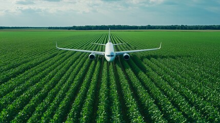 Airplane Landing Over Lush Green Soybean Field