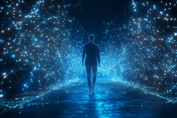 Fototapeta premium Businessman navigating a digital world of bright connections