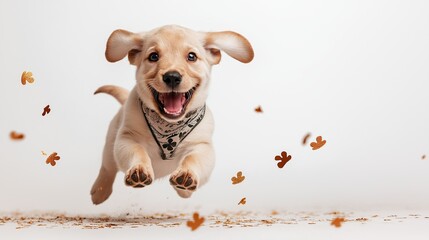 A joyful, fluffy Labrador puppy leaps forward with ears flapping, wearing a clover-patterned bandana. The white background emphasizes the lighthearted energy and movement, as golden confetti
