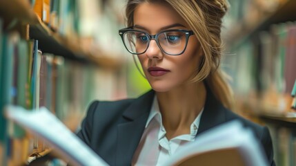A woman reading a document intently, wearing glasses and appearing absorbed in thought while seated near a window with natural light.