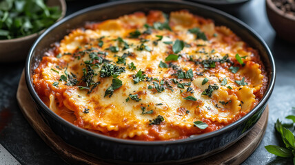 Delicious layers of cheesy ravioli lasagna baked to perfection and garnished