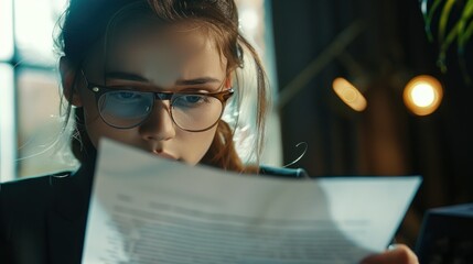 A woman reading a document intently, wearing glasses and appearing absorbed in thought while seated near a window with natural light.