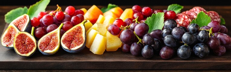This exquisite charcuterie board is adorned with fresh figs, assorted grapes, and a variety of flavorful berries, creating a vibrant and appetizing display perfect for gatherings