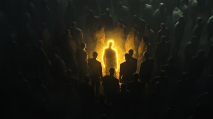 One glowing person stands out among a crowd of dark figures